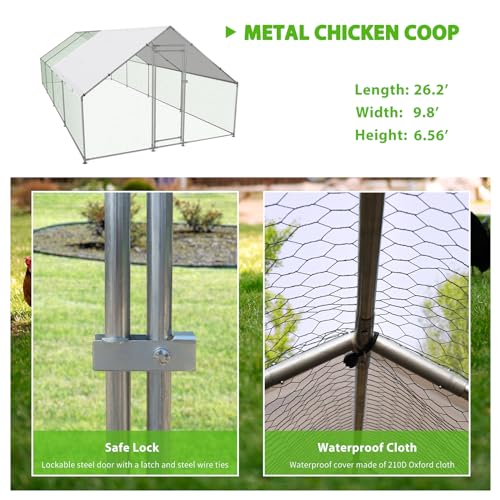 NUGRIART Large Metal Chicken Coop Walk-in Poultry Cage with Water-Resident and Anti-UV Cover Duck Rabbit Cat House Outdoor Chicken Run Pen with Spire Shaped Cage - size: 26.2’L×9.8’W×6.5’H