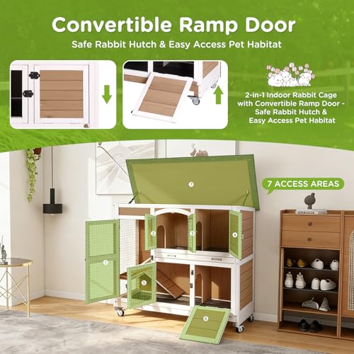 Gutinneen Large Indoor Rabbit Hutch Mobile Bunny Cage with Chew-Proof Ramp, Locking Leak-Proof Trays - Outdoor 44" Wooden Rabbit Cage with 4 Wheels for Rabbits, Guinea Pigs, Small Animals (Brown)