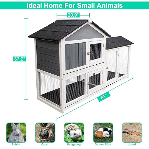 Lifeand Upgraded 61''L Deluxe Multi-Level Rabbit Hutch with Pull Out Tray, Ramp, Lockable Doors,Wooden Small Animal House,Outdoor or Indoor,Gray+White (Gray+White)