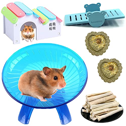Hamiledyi Hamsters Flying Saucer Silent Mouse Wheel Small Gerbil Running Exercise Toy Kit with Rainbow House Seesaw Grass Cake Sweet Bamboo Snacks for Dwarf Mice 10 Pcs