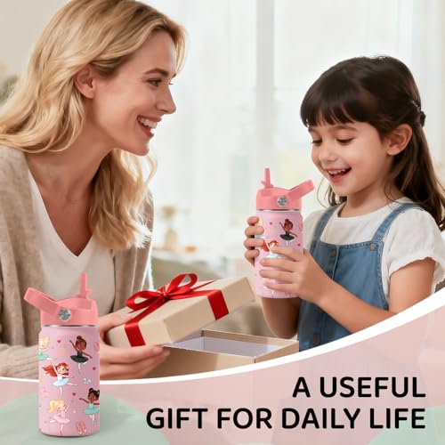 Ballet Water Bottle for Son & Daughter, Stainless Steel Insulated Tumbler with Straw Lid and Handle, 12oz Reusable Leak-Proof Bottle for Sports - color: Ballet-Pink