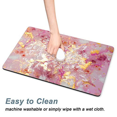 Rnivvi Dog Food Mat, 16" x 24" Absorbent Dog Cat Bowl Mat for Food and Water, Cute Anti-Slip Rubber Pet Feeding Rug Protect Floors, Puppy Placemat for Feeding & Watering Supplies, Pink Gold - color: Pink Gold Abstract, size: 16"L x 24"W
