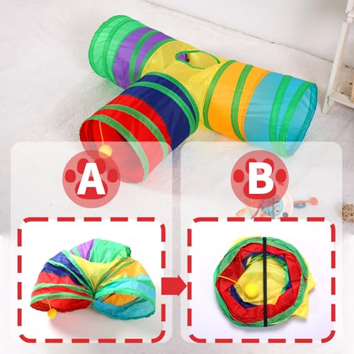 Pet Cat Tunnel, T-3 Way Tunnels for Indoor Cats, Collapsible Pet Tunnel for Kitten, Puppy, Rabbit, 25cm-Wide Tunnels, Durable & Breathable, with Peek Hole Toy Ball - color: T-Junction Tunnel & Rainbow