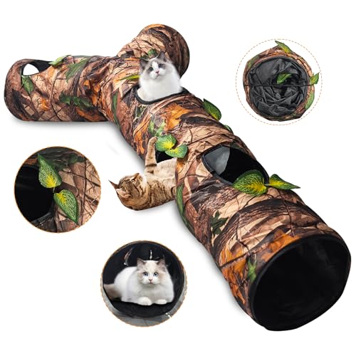 Cat Tunnels for Indoor Cats Large, 3 Way Cat Tunnel with 5 Holes and Leaves, Cat Tunnel Toy with Loud Paper - Pop Up Collapsible - Connect More Tunnels for Large Cat, Puppy, Kitten - color: 59"-Dark Brown