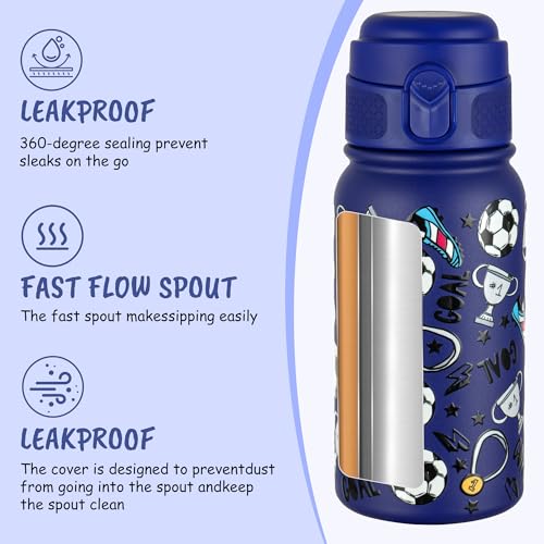 GOPPUS Kids Insulated Water Bottle 12oz, Leakproof Stainless Steel Thermos, BPA Free Double Wall Vacuum Insulated Bottle for School, Travel, Sports & Outdoor Activities, Boys Girls - color: Blue football