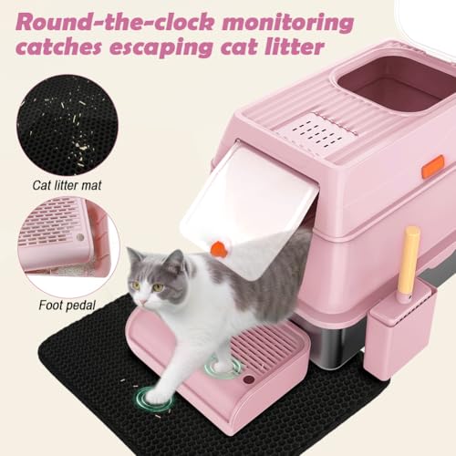 SZEE XL Stainless Steel Litter Box with Lid, Extra Large Metal Covered Litter Box, Stainless Box Easy Clean, Activated Charcoal Odor Control Design, Includes Litter Scoop & Mat & Step, Pink - color: Pink