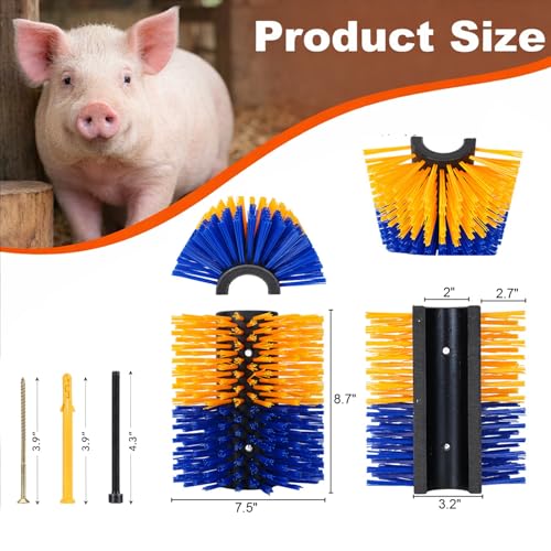 Toys for Pigs - Piglets Accessories for Stress and Boredom Relief, Self-Grooming Scratch Brush for Farm Pigs, Goats & Sheep, Stiff Bristles, Post, Fence or Wall Mounted