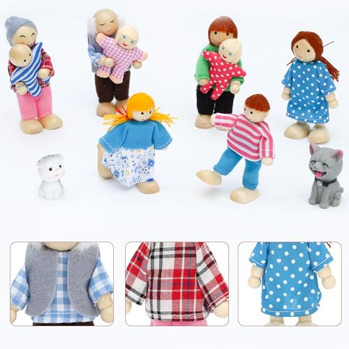 ONEST 11 Pieces Wooden Dollhouse Family Set Mini People Figures Sets Dollhouse Dolls Wooden Doll Family Pretend Play Figures Accessories for Pretend Dollhouses - style: Vivid Style