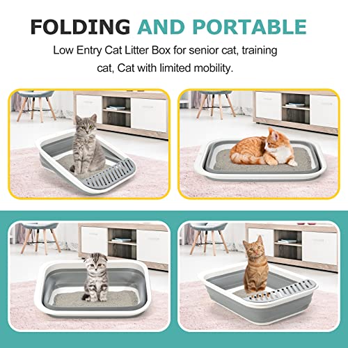 Foldable Cat Litter Box, Large Height-Adjustable Anti-Splash Open Air Kitty Litter Pan, Easy Clean with Scoop (Gray) - color: SMALL GRAY