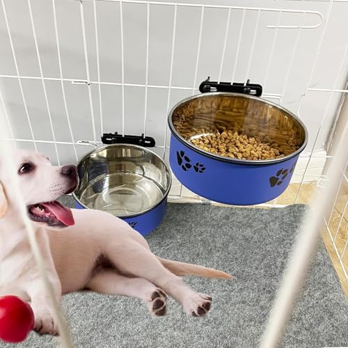 Dog Crate Food and Water Bowl 2Pcs Small Pet Hanging Kennel Removable Dish Feeding Cup with Holder for Medium Large Size Cat Puppy (Blue, 5.5''X2.3''&6.3‘’X2.5'') - color: blue