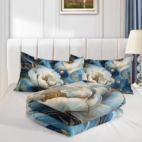 HOSIMA Floral King Bedding Set for Women Girls Room Decor,Blue Golden Marble Grain Ink Fluid Art Comforter Floral Bedding,Fluffy White Flowers Pattern Lightweight Comforter with 2 Pillowcases. - color: Blue-a, size: King