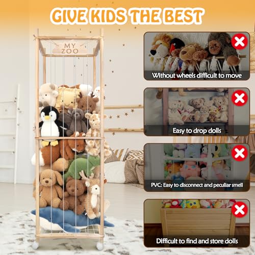 Stuffed Animal Storage Zoo with Wheels, 64" Wooden Large | Stuff Animals Plushies Holder, Toy Organizer Kids Plush Storage Cage, Elastic Band and Net, For Nursery Playroom Corner - color: Wooden