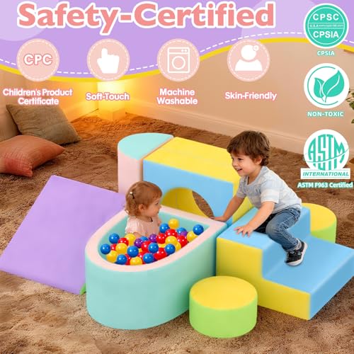 Toddler Climbing Toys Indoor, 6-Piece Baby Foam Climbing Blocks with Ball Pit, Colourful Soft Play Set for Toddlers 1-3 Years Old, Kids' Indoor Climbers & Play Structures (Balls not Included)