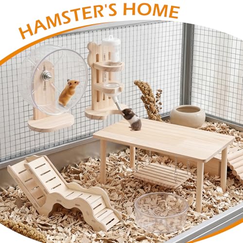 4-piece Hamster Toy Set with Wooden Hamster cage Accessories Platform Table Swing Climbing Ladder Running Wheel Water Bottle Suitable for Small Pets Such as Golden Bear Dwarf Hamster Sand Rat Rat etc