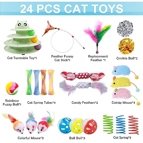 UPSKY 24 PCS Cat Toys Set with Teaser, Mice, Spring, and Various Ball Toys | Puzzle Kitten Toys, Sturdy Structure, Detachable Design, Easy to Assemble, Anti-Slip, Reduces Boredom for Indoor Cats - color: D-24PCS-Fruit Green