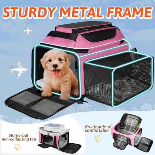 Top and Side Expandable Small Pet Carrier Airline Approved, Pink | 18"Lx11"Wx11"H, for Delta/United/American Airlines, Pets Under 10 Lbs, Lockable Zippers,Soft-Sided, Anti-Scratch Mesh - color: Pink, size: 18.0"L x 11.0"W x 11.0"H