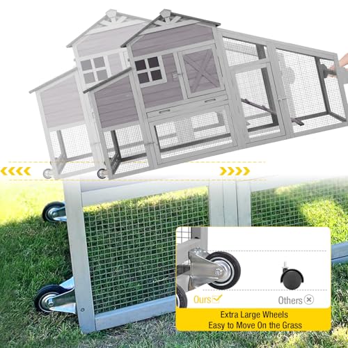 Aivituvin Chicken Coop Mobile Chicken House on Wheels Expandable Wooden Poultry Cage with Large Nesting Box Leakproof Pull-Out Tray Rabbit Hutch Bunny Cage,UV-Resistant Roof (Grey，AIR32) - size: Grey 73.38"L x 27.9"W x 43.2"H