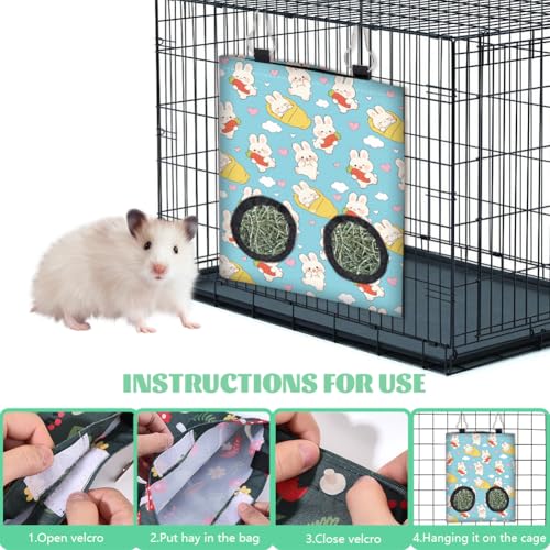 2Pcs 2 Styles Hanging Rabbit Hay Feeder Bag 11.6 x 9.1 Inch Bunny Hay Feeder Pink Blue Cute Cartoon Design Cloth Washable Feeding Holders with 2 Holes for Guinea Pig Chinchillas Hamsters - color: Rabbit