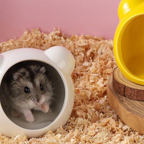 VanEnjoy 2 Pack Ceramic Hamster Hideout Yellow and White Small Animal Hides for Gerbils Mice Cute Summer Cooling Houses for Cage Accessories - color: Yellow and white