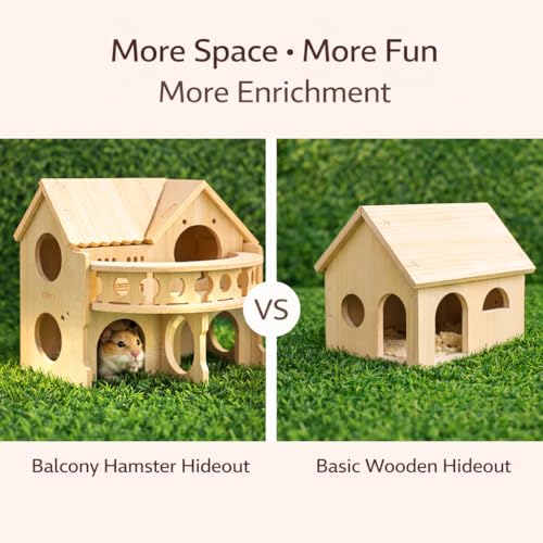 Improved Safety Large Balcony Small & Cute Wooden Hamster House with Large Balcony – Double-Decker Forest-Style Hut for Dwarf Hamsters, Mice, Gerbils, Rats & Small Pets (Compact Size Only)