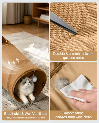 Cat Tunnel, 3 Straight Shaped Tunnels 6 DIY Shapes with Wand Toys, No Noise Scratch Resistant Cool Linen Fabric, Interactive Pet Tunnel Tube for Indoor Cats, Puppy and Rabbits - color: Brown