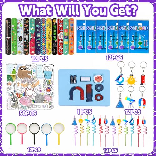 111PCS Science Party Favors, Lab Birthday Decorations and Goodie Bag Toys | 111PCS science party favors with magnifiers, gift bags, stickers, straws, bracelets, keychains and a magnet set. - style: Science