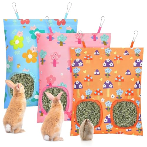 UPINS 3Pack Guinea Pig Hay Feeder Bag,Bunny Rabbit Cage Bag Hanging Holder | Guinea Pig Cage Feeder,for Bunny Rabbits,Chinchillas,Hamsters,Small Pets,and Animals - color: Pink Blue Orange