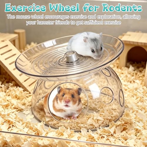Hamiledyi Hamster Flying Saucer with Hideout House Plastic Hamster Wheel Small Animal Silent Running Wheel Gerbil Exercise Wheel Toy for Mice, Hamster and Other Small Pets (7In, Transparent) - color: Transparent