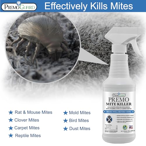Premo Guard Natural Mite Spray, Kills Dust, Bird, Carpet, and Other Mites | Plant Based Treatment For Spider, Rat, Human Sabbies Mites, Safe For Families, Pet, Home, Bedding & Furniture - size: 16 Fl Oz (Pack of 1)