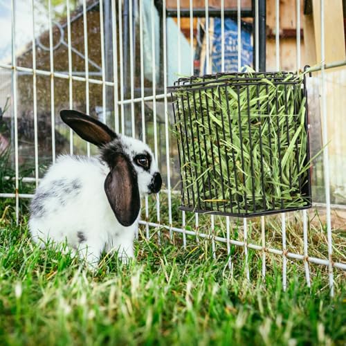 Rabbit Hay Feeder with Lid, Metal Hay Rack with Adjustable Hook | Top Cover Design Helps Keep Hay Clean, Hay Holder for Rabbits, Guinea Pigs, Bunny, Chinchillas and Small Animals (Black) - size: Square feeder