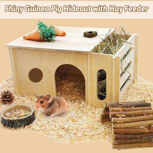 Fhiny Guinea Pig Wood House with Hay Feeder, Detachable Chinchilla Hut Hideout Small Animal Hideout Hideaway Natural Hamster Habitat Decor for Guinea Pig Chinchilla Dwarf Rabbit Hamster