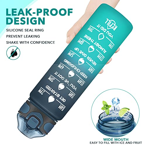 Enerbone 32 oz Drinking Water Bottle with Times to Drink and Straw, Motivational with Carrying Strap, Leakproof BPA & Toxic Free, Ensure You Drink Enough Water for Fitness Gym Outdoor - color: Navy Blue Green