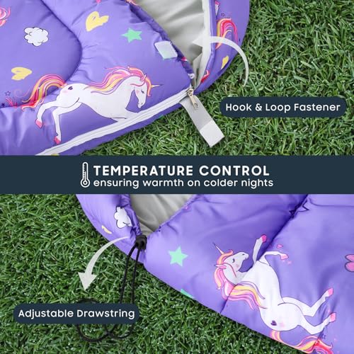 Wake In Cloud - Kids Sleeping Bag for Girls Toddlers, Camping in Warm Cold Weather, Backpacking Lightweight Compact Outdoor Liner for 3 Seasons, Unicorns Stars Hearts - color: Purple