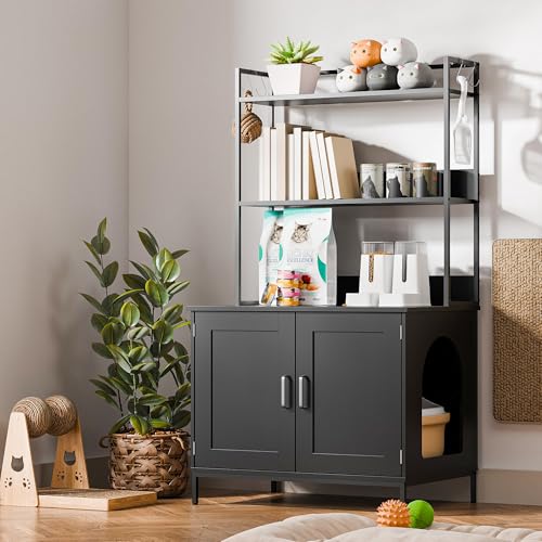 Cozy Castle Cat Litter Box Enclosure with Storage, 57'' Hidden Cat House Furniture, Wooden Cat Cabinet with Shelves & 4 S-Hooks, Indoor Cat Litter Box Organizer, Black - color: Black