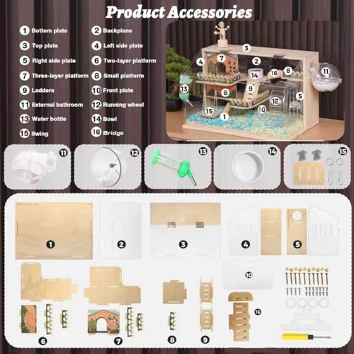 11 in 1 Wooden Hamster Cage with All Accessories, 19.3" 3-Layer Dwarf Hamster Cage Acrylic,Small Animal Cages, Pastoral Style Mouse Cage for Mice, Hedgehog and Small Pets, with Stairs, Fences, Swing - size: 19.3"L x 11.5"W x 11.8"H