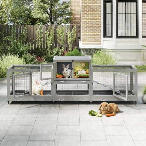 COZIWOW 94.5in Rabbit Hutch, 2-Tier Indoor Bunny Cage with Wheels & Tray | Spacious For Multiple Rabbits. Includes Pull Out Tray & Air Vent For Easy Cleaning. Rolling Wheels For Mobility. - size: 94.5"L x 16.9"W x 32.6"H