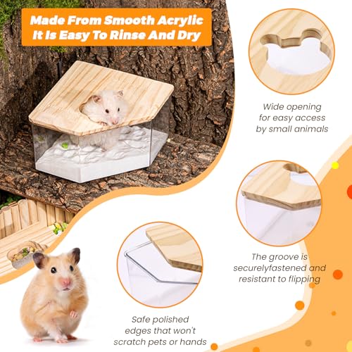 ASTIMESA Plastic Hamster Sand Bath Container with Ladder, Clear Hamster Litter Box Tub Wood Cover for Chinchilla Pet Gerbil Guinea Pig Digging Small Animal House Pentagon