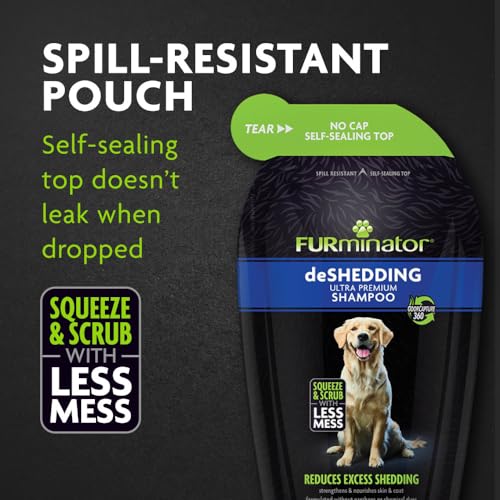 FURminator Ultra Premium deShedding Shampoo for Dogs, 16 oz Pouch | Self-Sealing Spill Resistant Pouch, Reduces Excess Shedding, Helps Remove Wet Dog Smell, No Parabens or Dyes, Fresh Scent - size: 16 oz, style: Pouch Shampoo