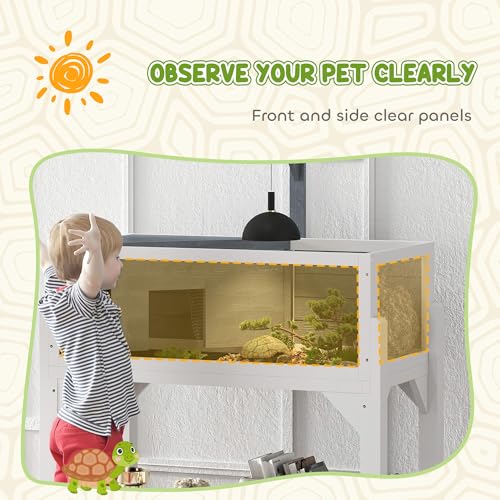 PawHut Tortoise Habitat with Storage Shelf, Wooden Tortoise Enclosure with Clear Windows, Lamp Holder, Openable Top, Built-in Tray, Reptile Cage for Indoor Outdoor Use, Gray | Wooden Tortoise Enclosure, Openable Top, Built-in Tray, Reptile Cage for Indoor
