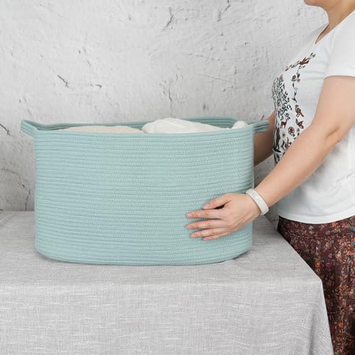 XUANGUO Large Rectangle Woven Cotton Rope Blanket Basket 22"x17"x12" Green - color: light green