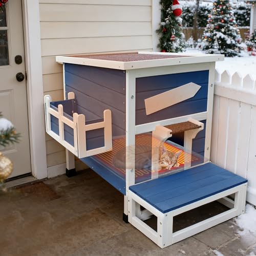 Rockever Large Outdoor Cat House with Heating Pad, Wooden Feral Cat Shelter | Weatherproof blue wooden shelter with escape door for feral cats, offering a spacious, warm and secure refuge for outdoor use