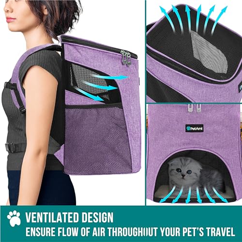 PetAmi Cat Backpack Carrier, Airline Approved Pet Carrier Backpack for Small Dogs and Large Cats, Soft Sided Collapsible Ventilated with Sherpa Bed for Hiking Travel, Max 18 lbs, Heather Purple - color: Heather Purple