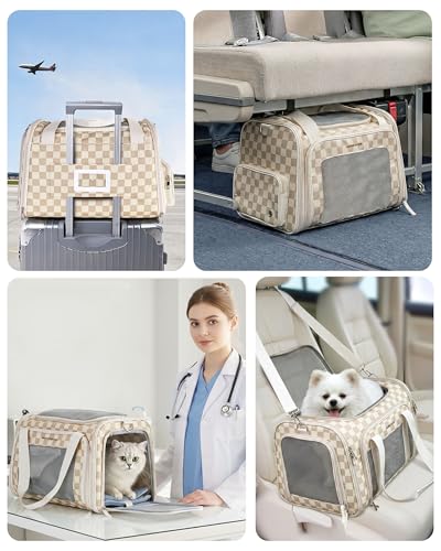 Homespon 34.5L Soft-Sided Cat Dog Carrier, Airline Approved Pet Bag | Collapsible Travel Bag with Removable Bed for Small Dogs & Cats - color: Khaki Checkboard