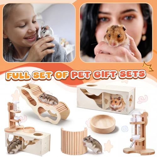 5 Pcs Hamster Cage Accessories, Wood Hamster Play Wooden Platform Water Bottle with Stand Climbing Set for Rat Mice Small Animals Pets Habitats Woodland Decor(Peek House) - style: Peek House