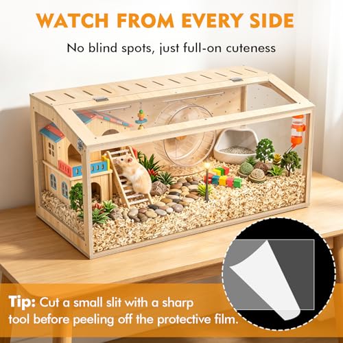 XiaZ Large Hamster Cage,40Inch Hamster Cage with Panoramic View and Ventilated Top, Spacious Acrylic Glass Habitat for Syrian Dwarf Hamsters and Degus, Natural Wood Frame Enclosure - size: 40.0"L x 20.0"W x 20.0"H