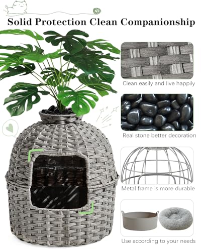 SETVSON Cat Litter Box Plant Enclosure, Hidden PE Rattan Litter Box, Gray | Decorative Planter Design, Handwoven Washable PE Rattan, Removable Top with Artificial Plant & Stones Included, Easy Cleaning - color: Grey