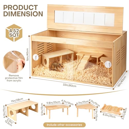 Hamster Cage 32 Inch Large Chewproof Wooden Habitat, Openable Top, Double Openable Acrylic Sheet Doors, Easy Assembly, Hamster Enclosure for Gerbil & Syrian Hamster, Dwarf Hamster (with Accessories)