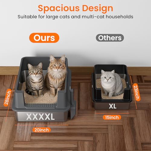 XXXXL Stainless Steel Litter Box with Lid,28.0" L × 20" W × 17" H Extra Large High Sided Cat Litter Box for Multi -Cats,Enclosed Metal Litter Box with Cat Scratcher and Scoop,Dark Gray