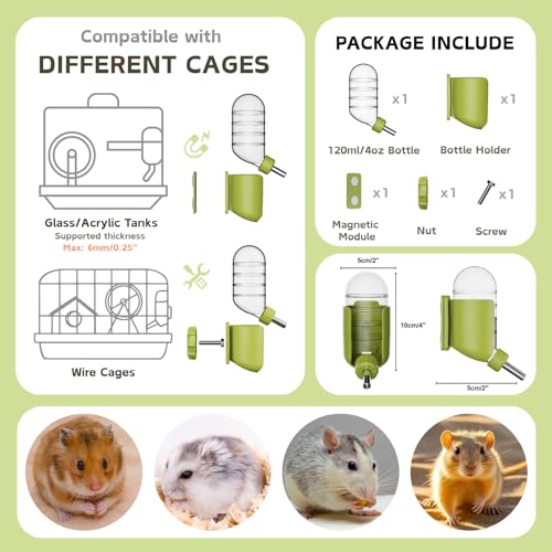 Hamster Water Bottle with Magnetic Holder, Freestanding Water Bottle for Glass Tanks, Suitable for Syrian Dwarf Hamsters Gerbils Mice Rats Degus (Green, 4 oz (Magnetic-Mounted)) - color: Green, size: 4 oz (Magnetic-Mounted)