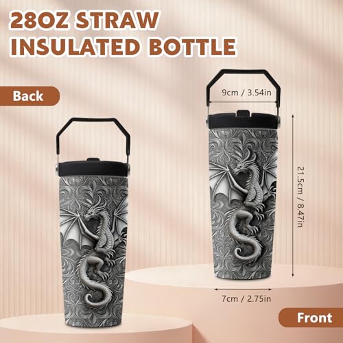 Dragon 28 oz Tumbler, with Handle Lid Straw, Stainless Steel Cup | 28oz Insulated Tumbler, Travel Leak Proof Water Bottle, Thanksgiving Christmas Birthday Gift for Men Brother Dad Dragon Lover - color: Dragon